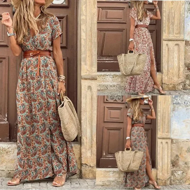 Zomerse Boho Jurk met Bloemenprint en V-Hals